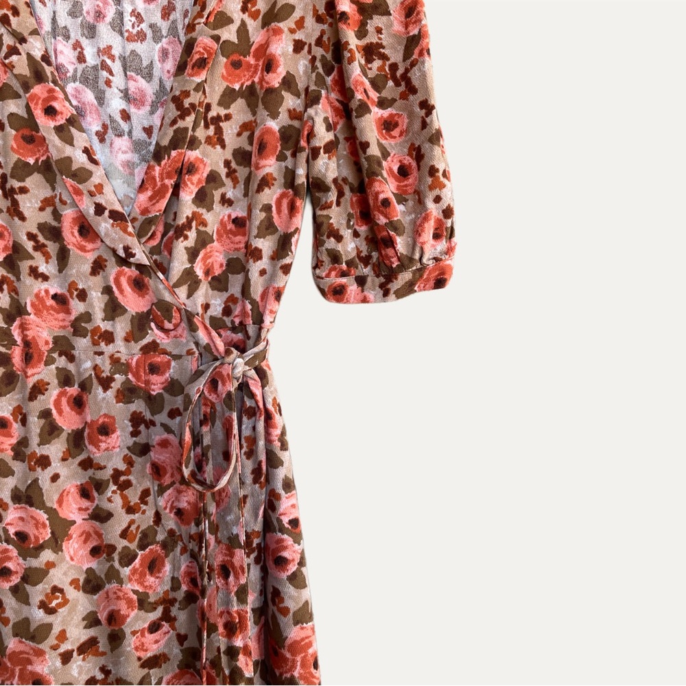 ROUJE Pink Tan Classic Retro Floral Printed Tea Rose Louisa Midi Wrap Dress 4/6 - Picture 8 of 14